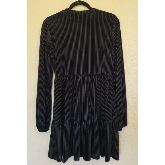 Womens Rib Velvet Dress Size L 8 Black Shein Long Sleeve Crew Neck Cinch Waist - Picture 2 of 9
